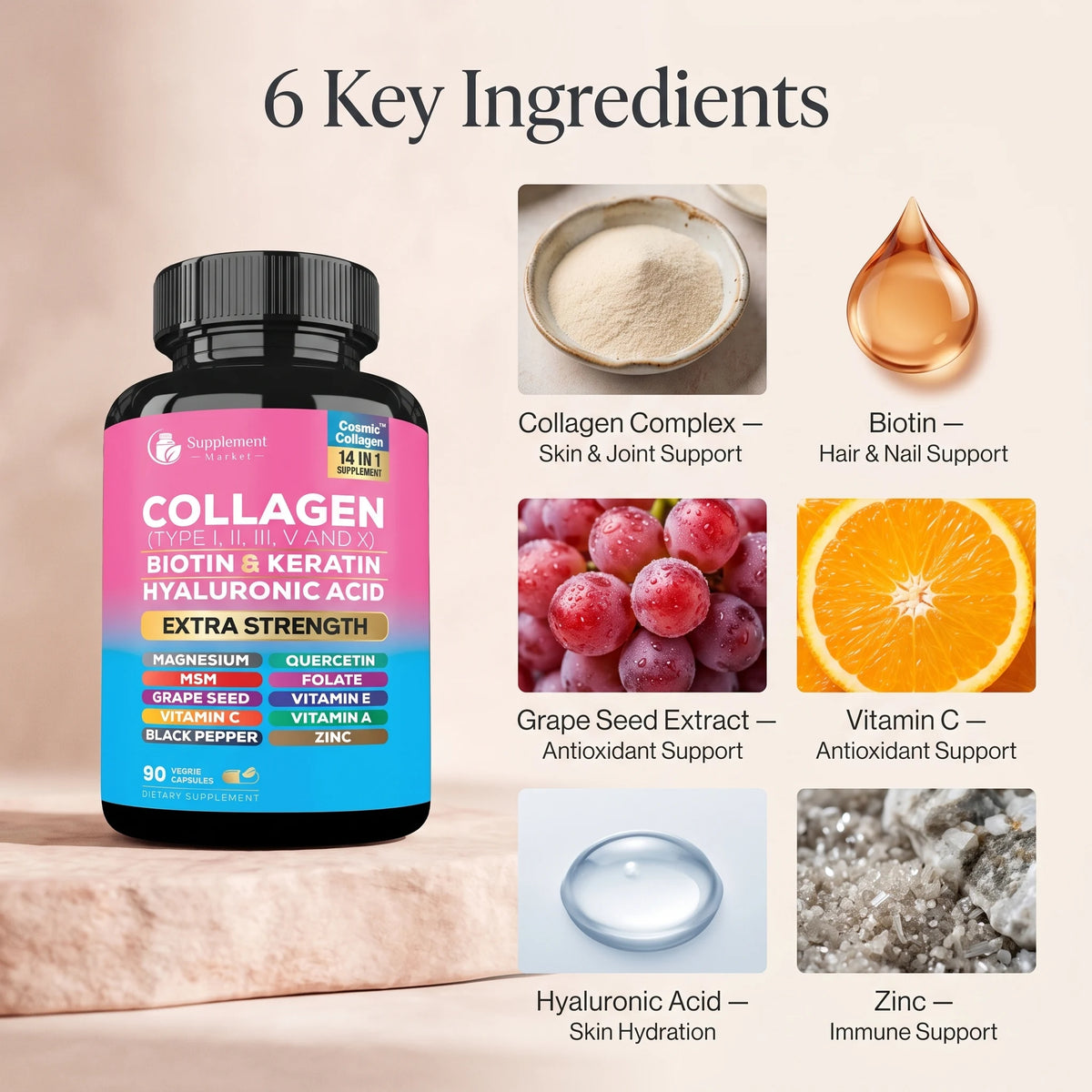 14-in-1 Multi-Type Collagen with Biotin, Keratin & Hyaluronic Acid - Hair, Skin & Nail Support