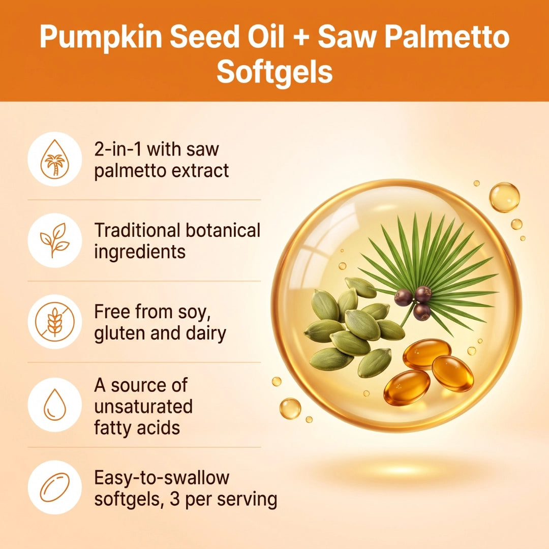 Cold-Pressed Pumpkin Seed Oil & Saw Palmetto Softgels – Hair & Men's Wellness Support, 2-in-1 Formula