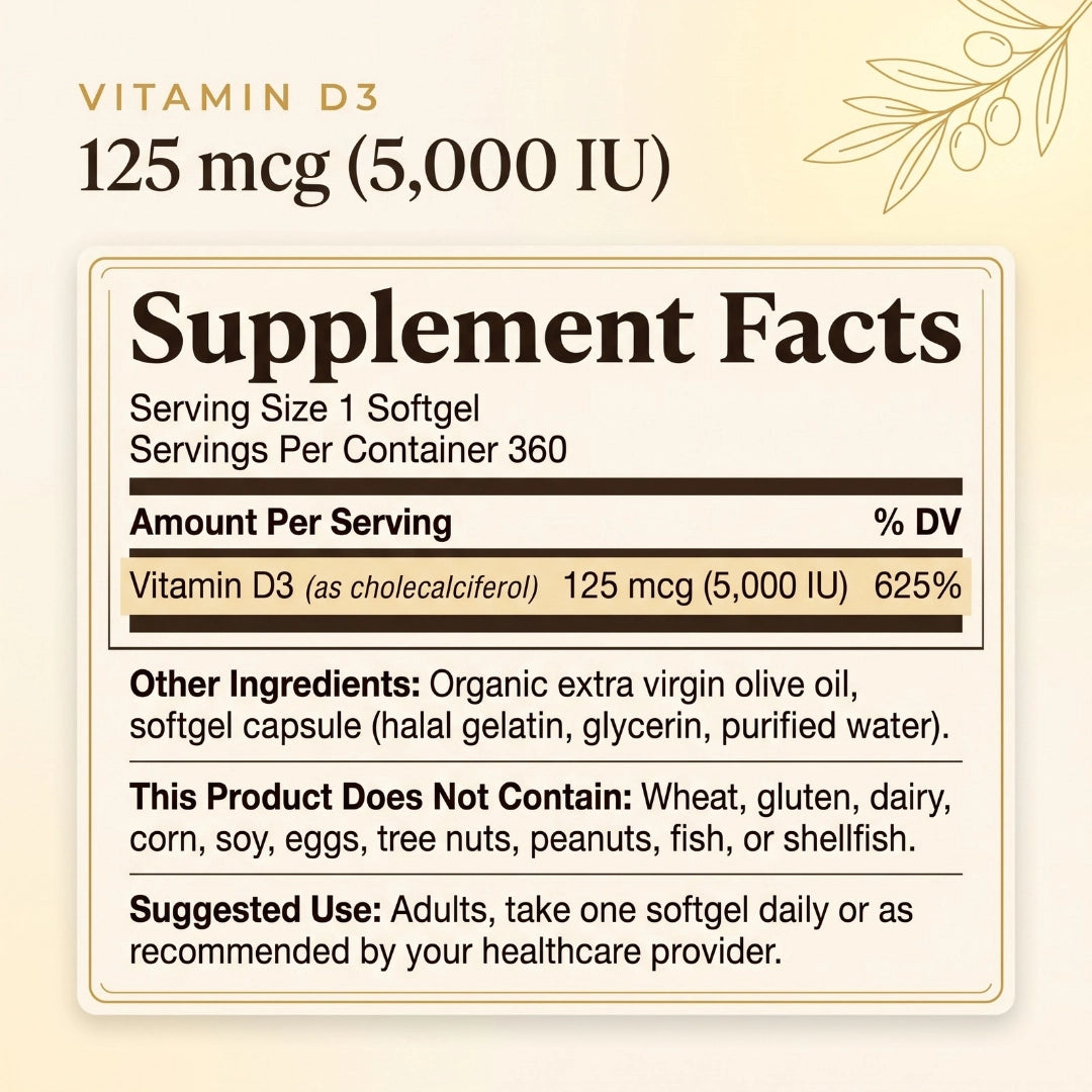 Vitamin D3 5000 IU (125 mcg) Softgels – Immune, Bone & Muscle Support, Cholecalciferol in Organic Olive Oil