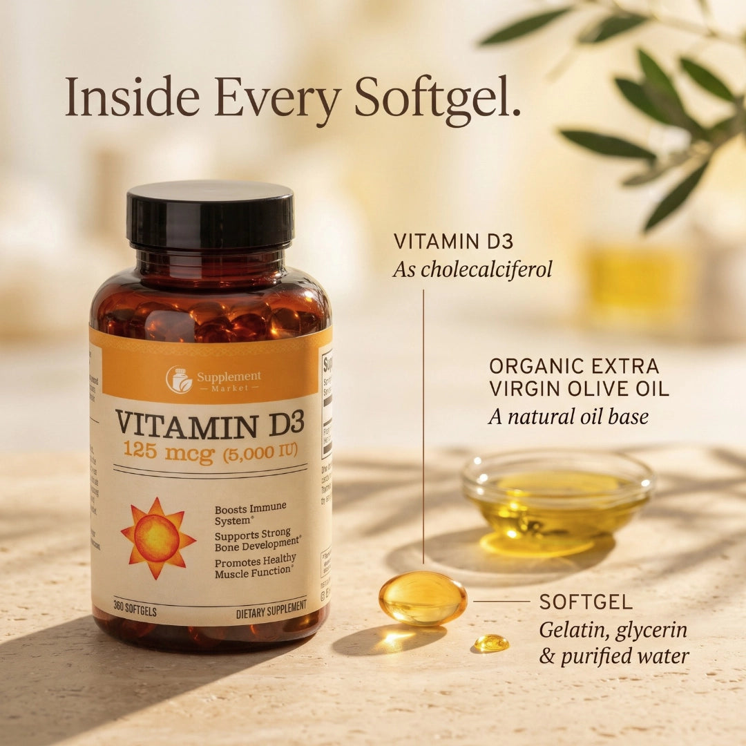 Vitamin D3 5000 IU (125 mcg) Softgels – Immune, Bone & Muscle Support, Cholecalciferol in Organic Olive Oil