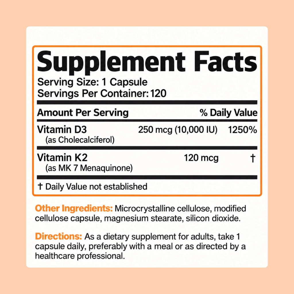 Vitamin K2 + D3 Extra Strength – 10,000 IU D3 + 120 mcg K2 MK-7 for Bone & Immune Support