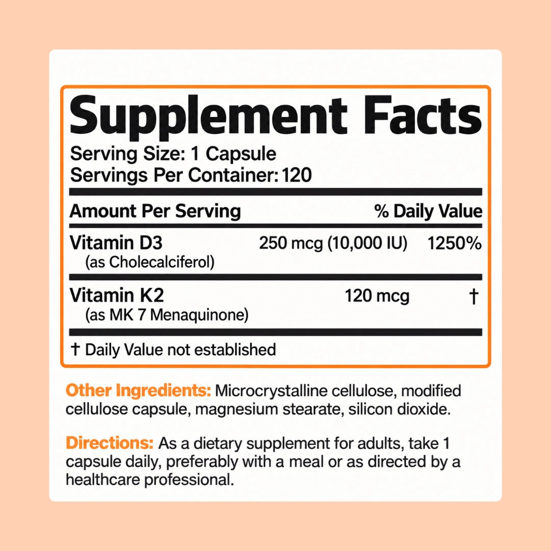 Vitamin K2 + D3 Extra Strength – 10,000 IU D3 + 120 mcg K2 MK-7 for Bone & Immune Support