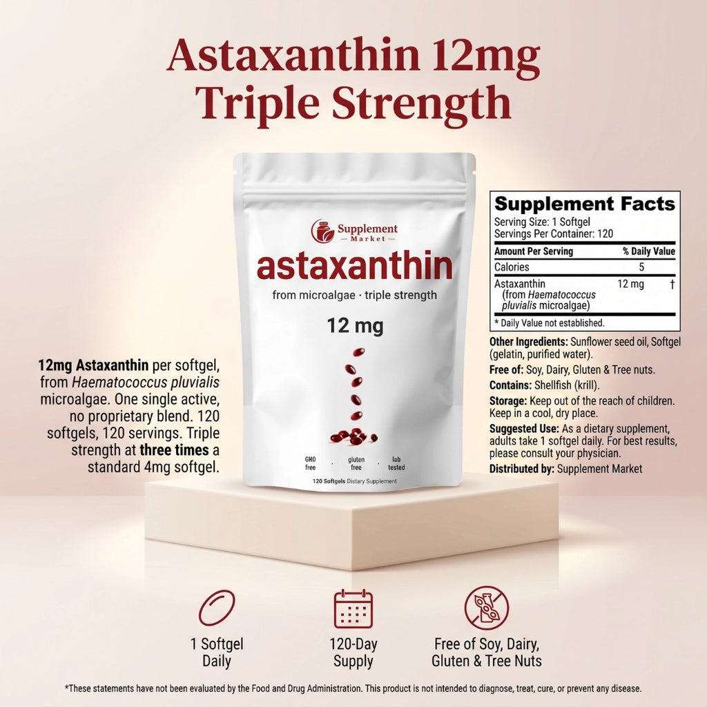 Astaxanthin 12mg Triple Strength Softgels – Natural Antioxidant for Skin, Eyes & Wellness