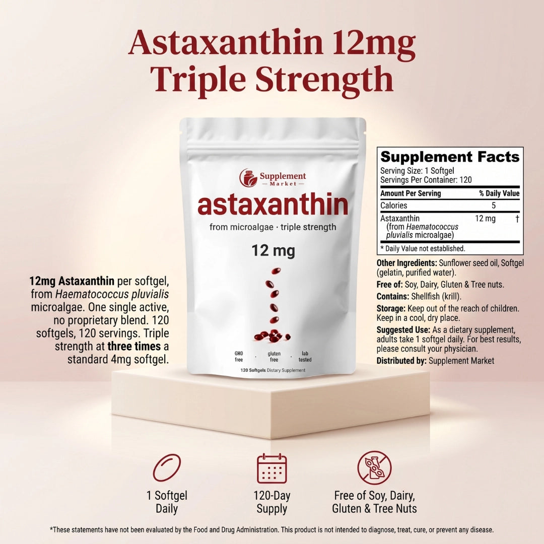 Astaxanthin 12mg Triple Strength Softgels – Natural Antioxidant for Skin, Eyes & Wellness