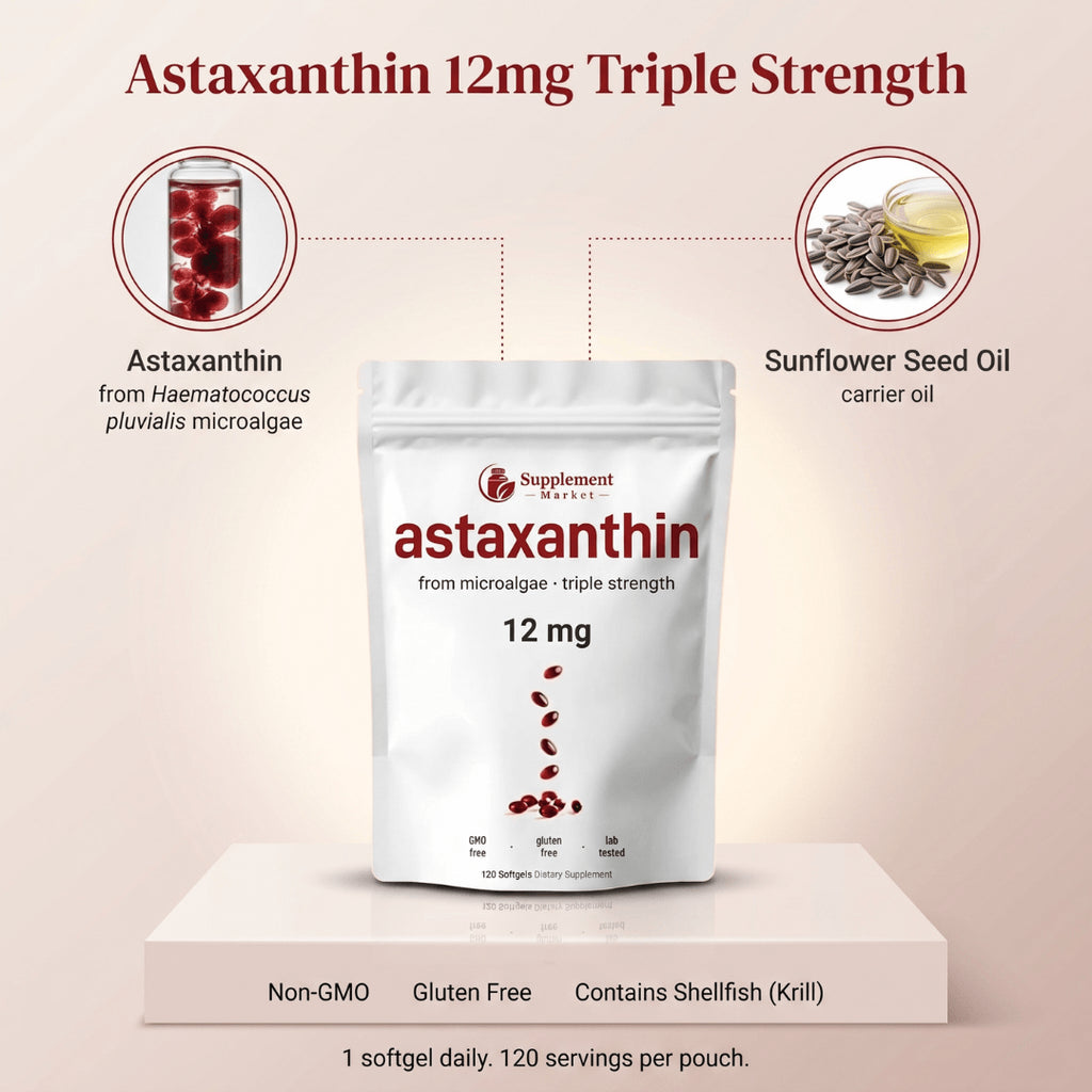 Astaxanthin 12mg Triple Strength Softgels – Natural Antioxidant for Skin, Eyes & Wellness