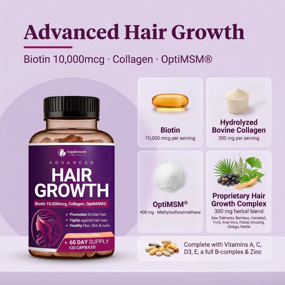 Advanced Hair Growth – Biotin 10,000 mcg & Collagen Capsules