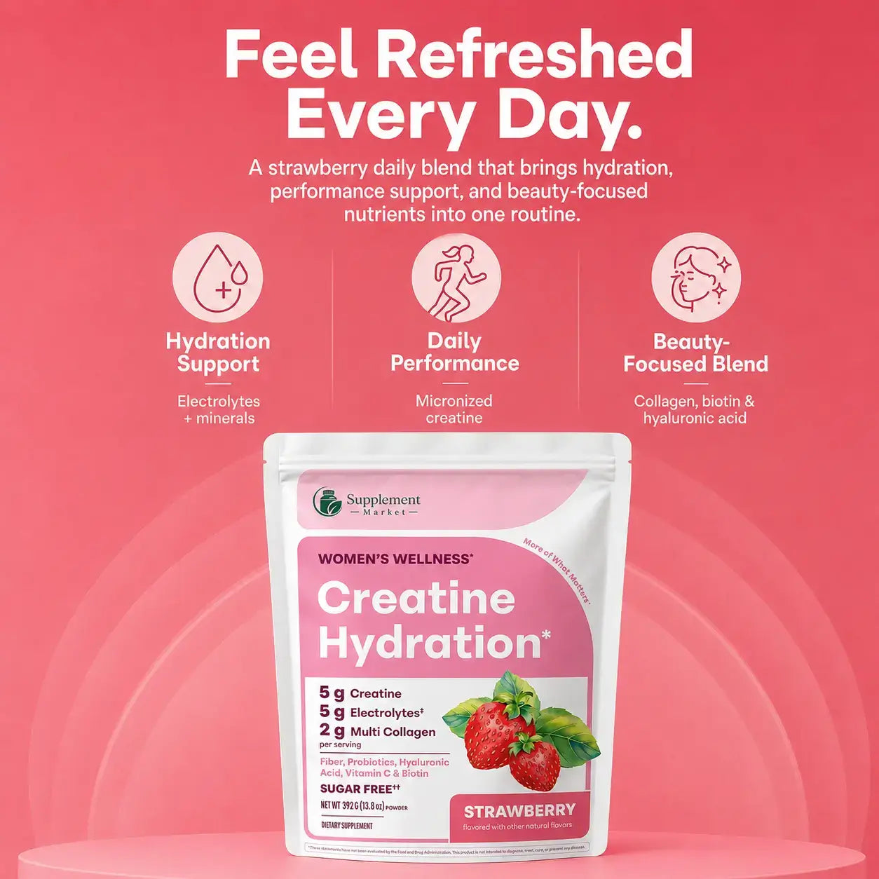 Creatine Hydration Powder for Women with Electrolytes, Collagen & Probiotics – Strawberry, 392g