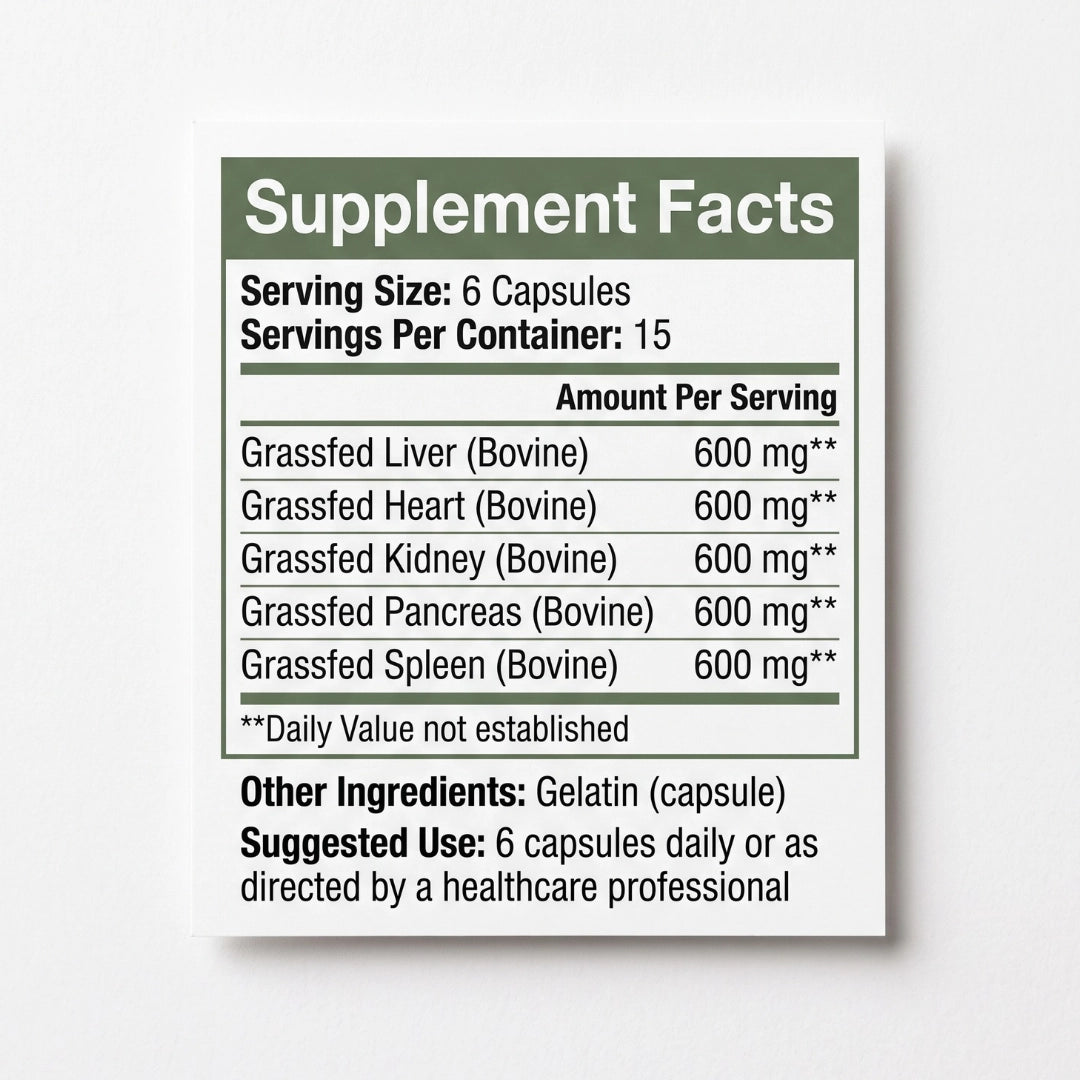 Grass Fed Beef Organs Capsules – Liver, Heart, Kidney, Pancreas & Spleen for Nose-to-Tail Whole-Food Nutrition, Energy & Vitality