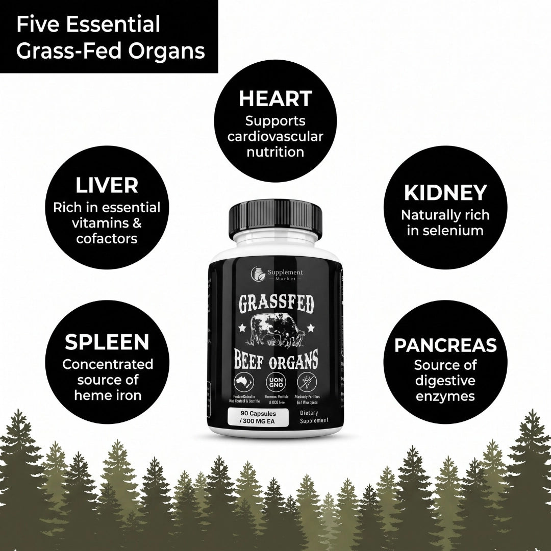 Grass Fed Beef Organs Capsules – Liver, Heart, Kidney, Pancreas & Spleen for Nose-to-Tail Whole-Food Nutrition, Energy & Vitality
