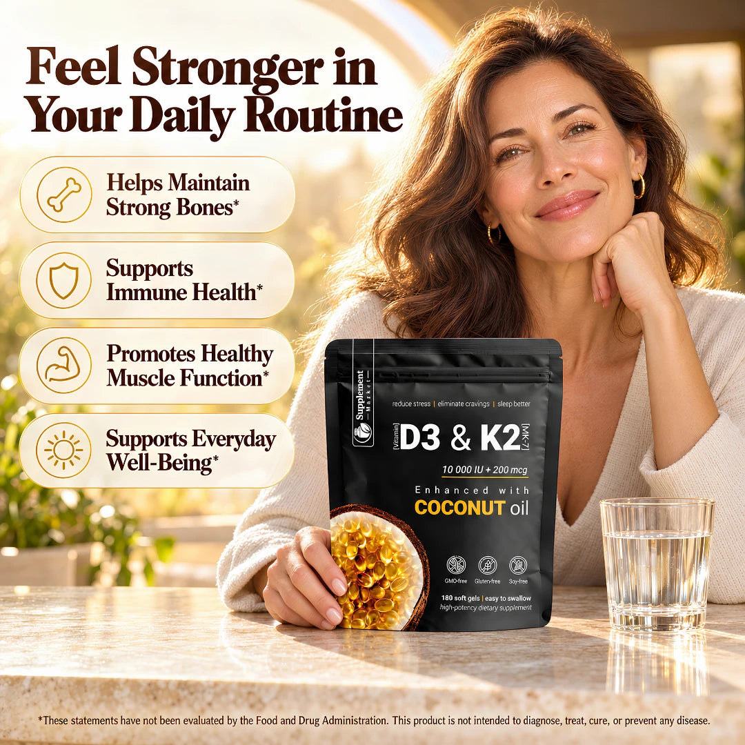High Potency Vitamin D3 & K2 Softgels – 10,000 IU D3 + 200 mcg K2 MK-7 with Coconut Oil for Bone, Muscle & Immune Support