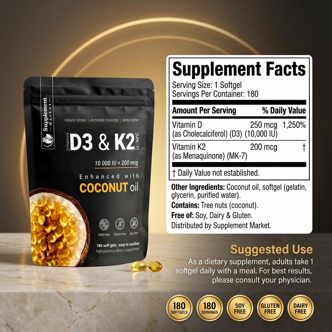 High Potency Vitamin D3 & K2 Softgels – 10,000 IU D3 + 200 mcg K2 MK-7 with Coconut Oil for Bone, Muscle & Immune Support
