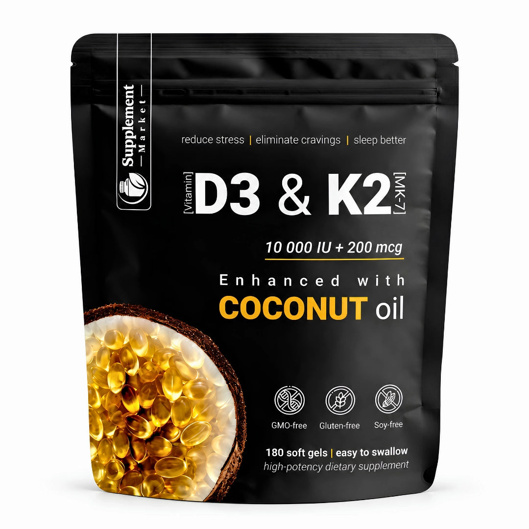 High Potency Vitamin D3 & K2 Softgels – 10,000 IU D3 + 200 mcg K2 MK-7 with Coconut Oil for Bone, Muscle & Immune Support