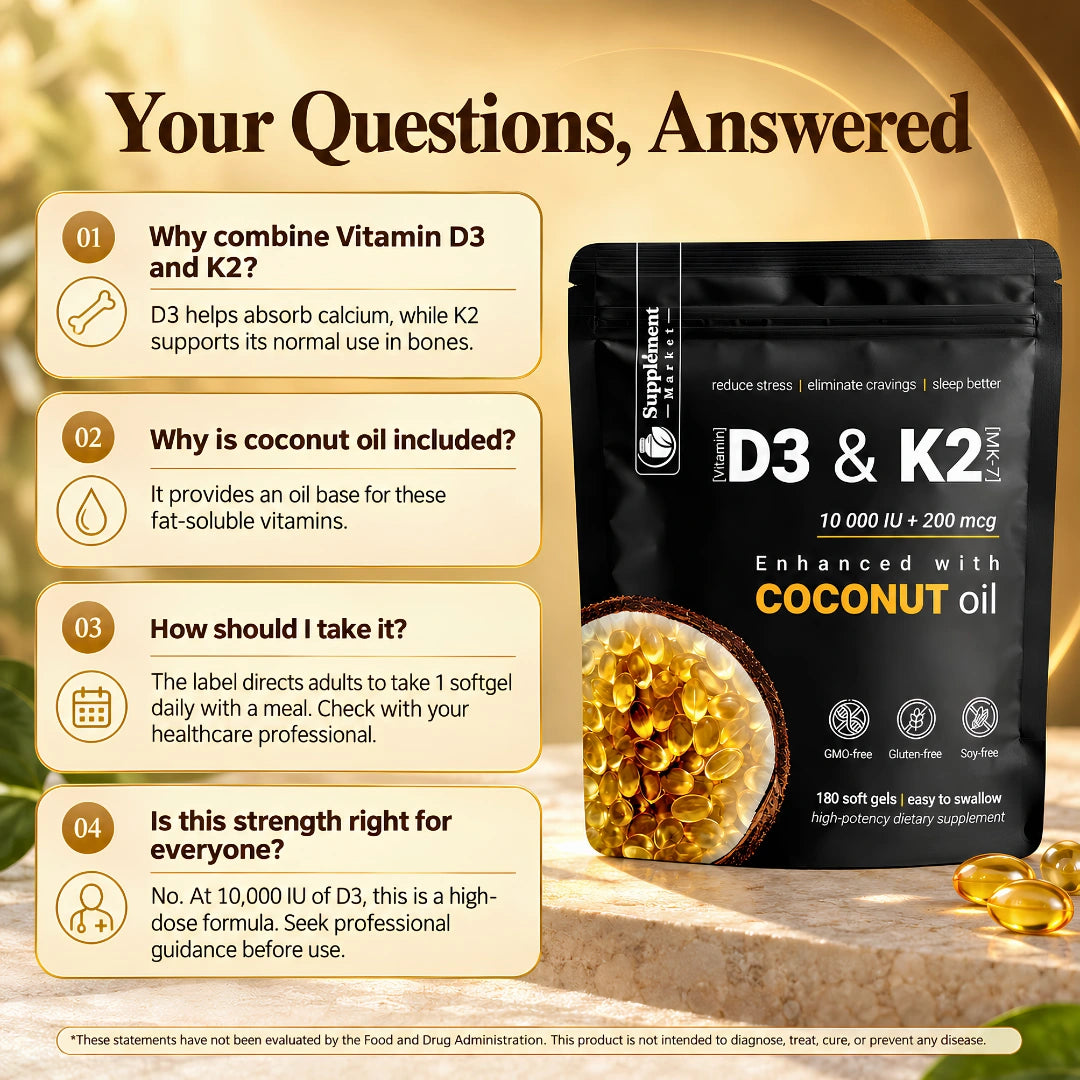 High Potency Vitamin D3 & K2 Softgels – 10,000 IU D3 + 200 mcg K2 MK-7 with Coconut Oil for Bone, Muscle & Immune Support