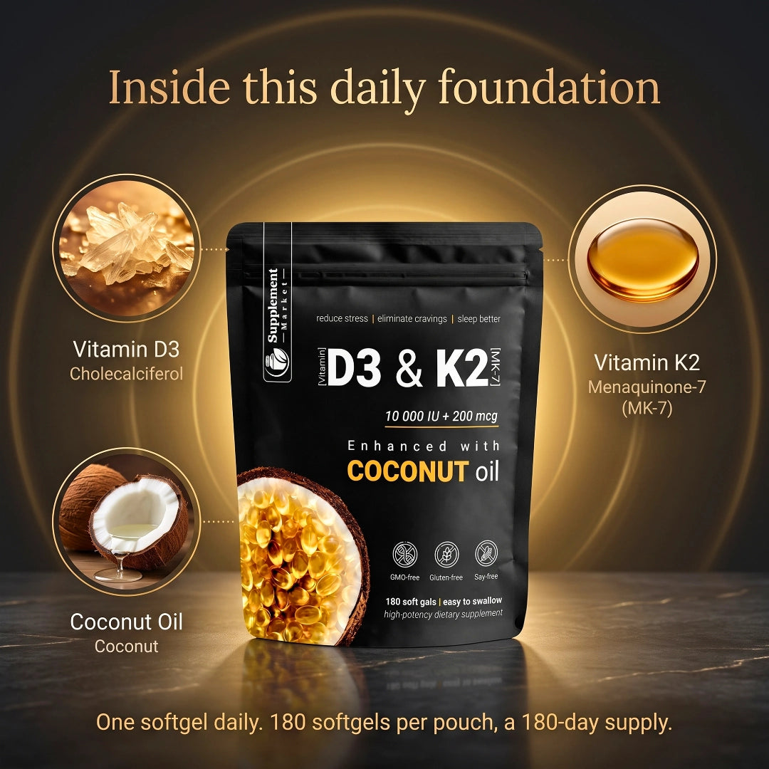 High Potency Vitamin D3 & K2 Softgels – 10,000 IU D3 + 200 mcg K2 MK-7 with Coconut Oil for Bone, Muscle & Immune Support