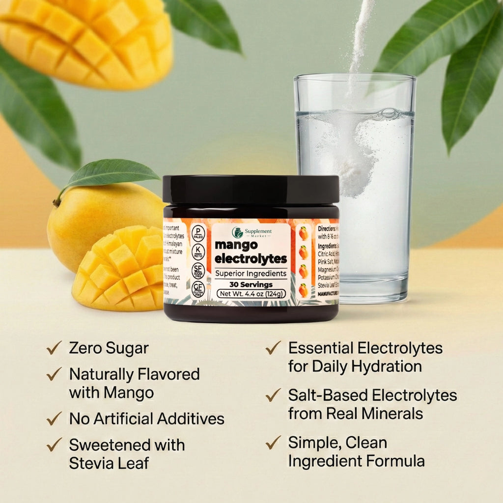 Mango Electrolytes Powder – Sugar Free Electrolytes with Himalayan Pink Salt for Daily Hydration