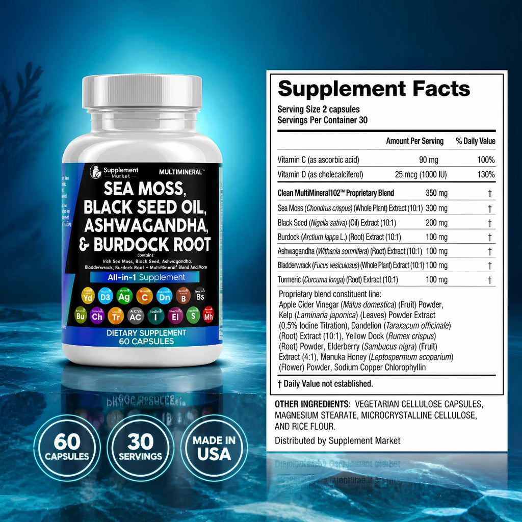 Multimineral - Sea Moss, Black Seed Oil, Ashwagandha & Burdock Root Capsules