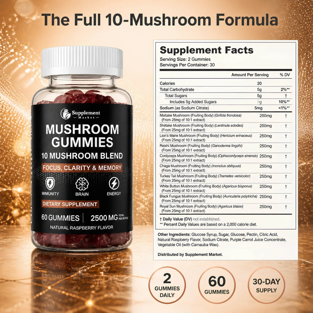 Mushroom Gummies 10-in-1 Blend – Lion's Mane, Reishi & Cordyceps, 60 Raspberry Gummies