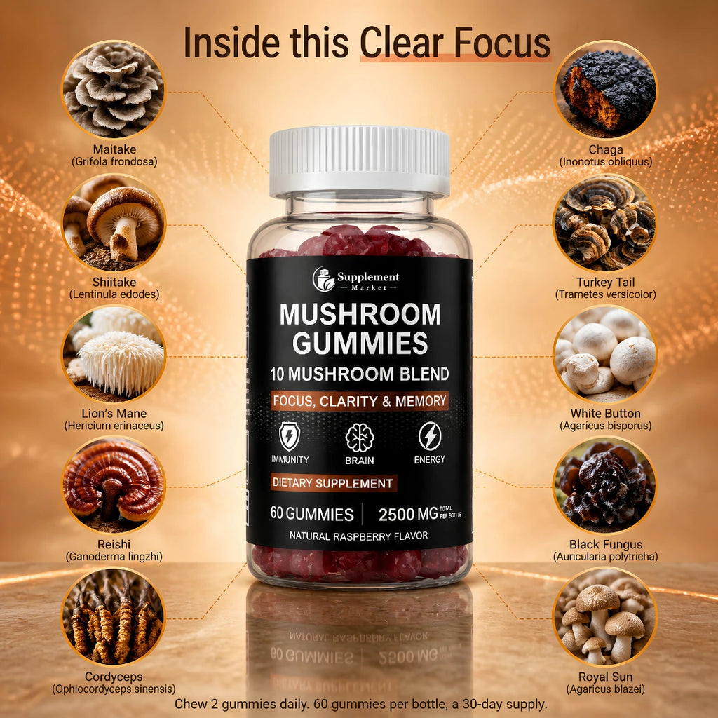 Mushroom Gummies 10-in-1 Blend – Lion's Mane, Reishi & Cordyceps, 60 Raspberry Gummies