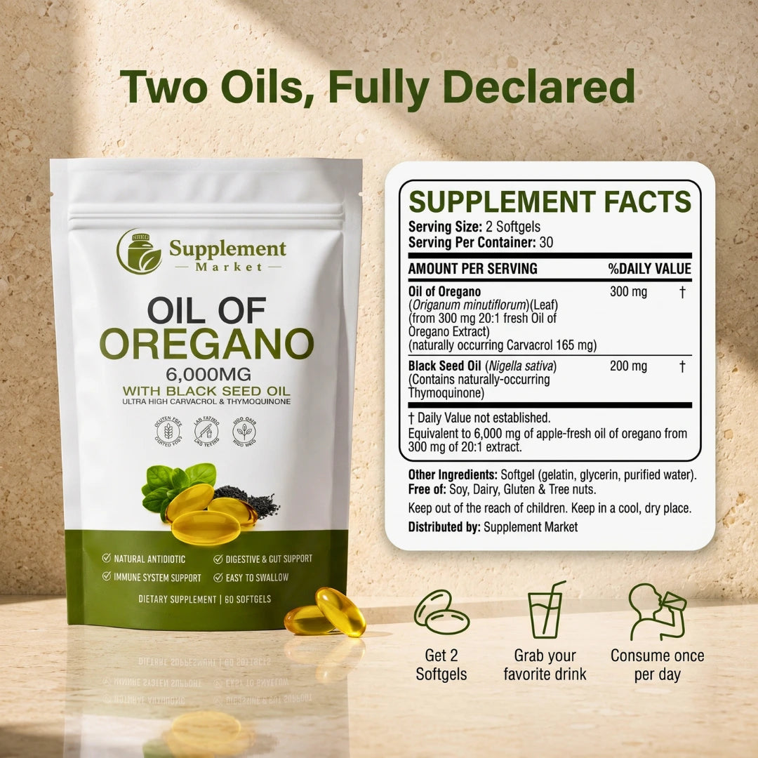 Oil of Oregano + Black Seed Oil Softgels for Immunity & Gut