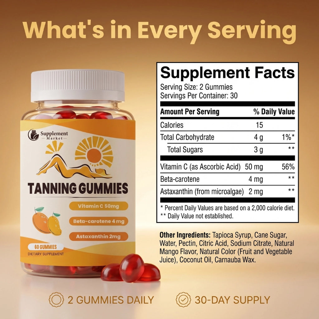 Tanning Gummies – Sunless Tanning Supplement with Astaxanthin, Beta-Carotene & Vitamin C for Skin Health