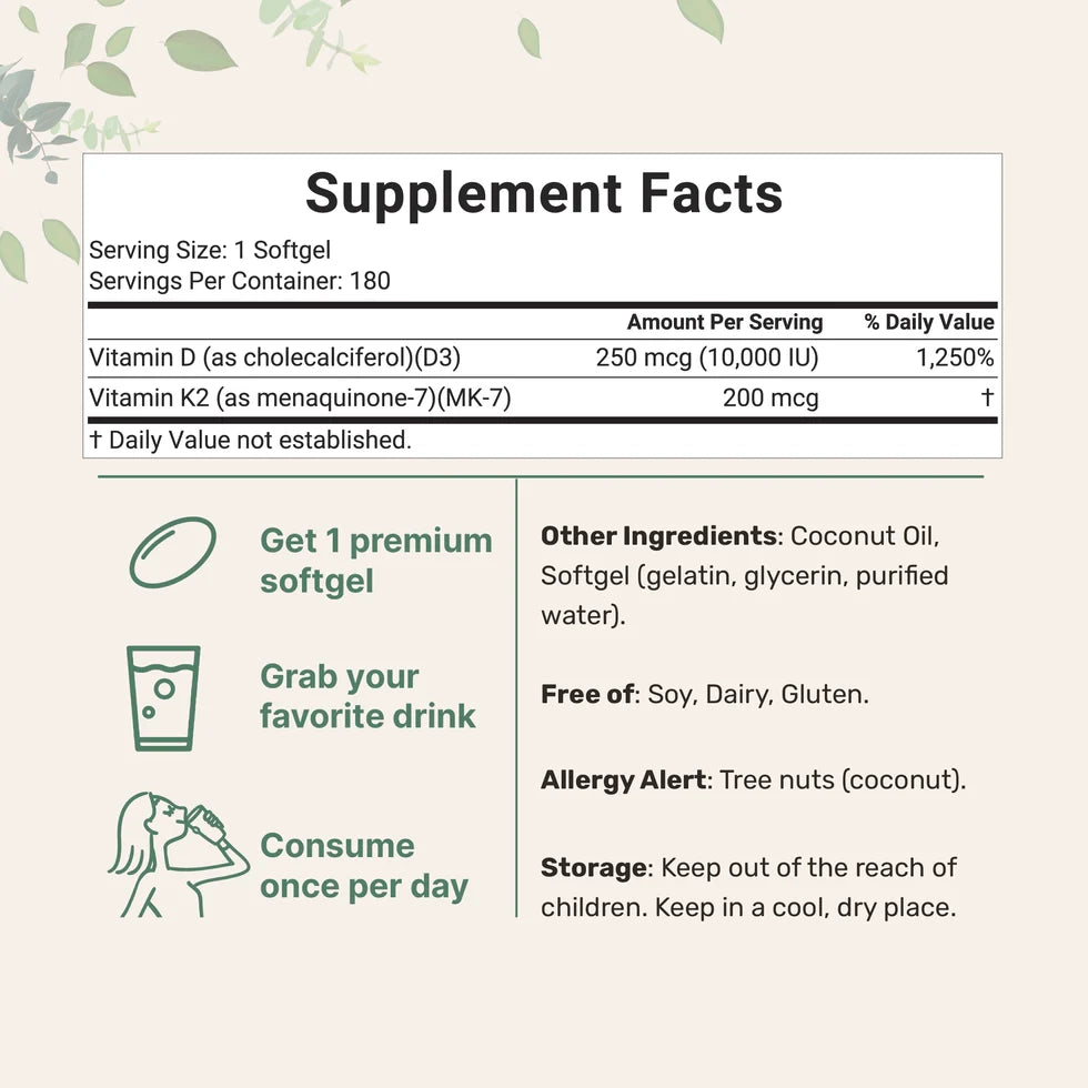 Vitamin D3 10,000 IU & K2 200 mcg – Bone, Immune & Muscle Support 180 Day Supply